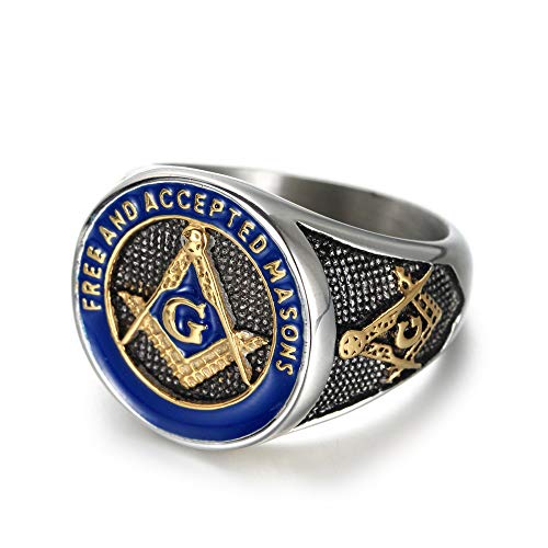 INRENG Men's Stainless Steel Vintage Freemason Masonic Biker Rings Blue Free and Accepted Masons Ring Band Gold Size 12 - Image 2