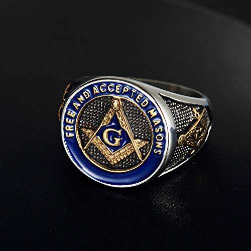 INRENG Men's Stainless Steel Vintage Freemason Masonic Biker Rings Blue Free and Accepted Masons Ring Band Gold Size 12 - Image 5