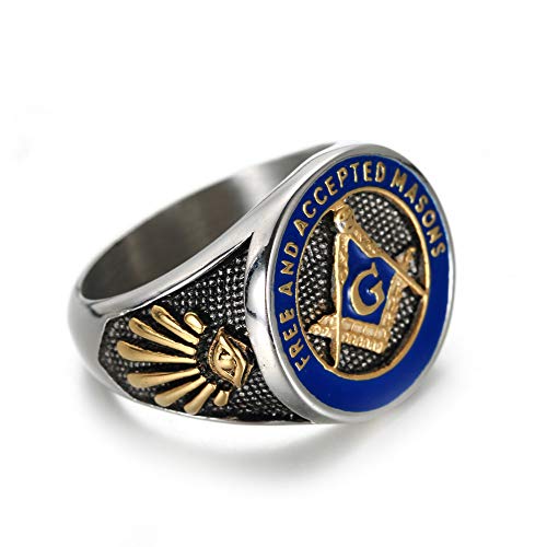 INRENG Men's Stainless Steel Vintage Freemason Masonic Biker Rings Blue Free and Accepted Masons Ring Band Gold Size 12 - Image 3