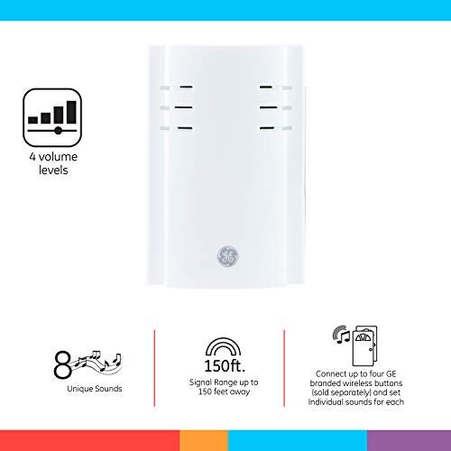 GENERAL ELECTRIC GE Wireless Doorbell Kit,Plug-In Receiver,1 Push Buttons Door Bell,8 Melodies Doorbell Chime,4 Volume Levels,Classroom Doorbell,150 Ft Range,White,19299 - Image 2