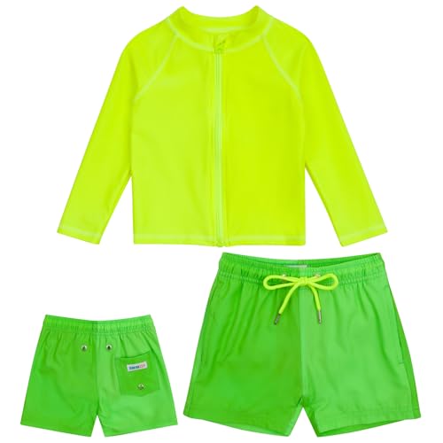 SwimZip Boys' Long Sleeve Rash Guard & Swim Shorts Set - UPF 50+ Sun Protection Neon Green - Image 1