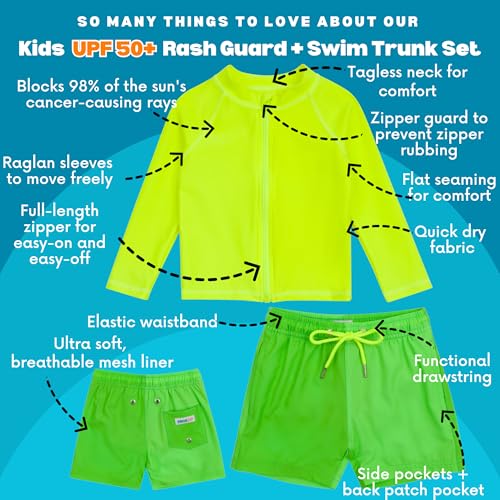 SwimZip Boys' Long Sleeve Rash Guard & Swim Shorts Set - UPF 50+ Sun Protection Neon Green - Image 3