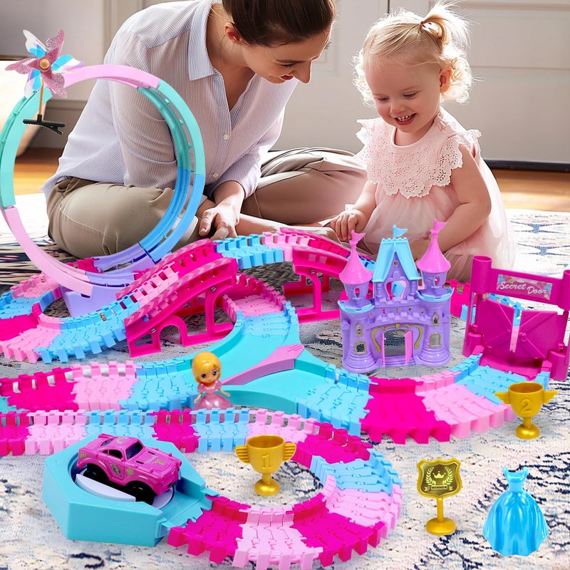 Yomwet 178 PCS Track Toy, Pink Racing Tracks Toys for 3 4 5 6 Year Old Girls, Flexible Tracks Car Magic Bendable Race Track Princess Toys with Light & Music for Toddlers, Kids and Girl Xmas Birthdays Gifts - Image 2