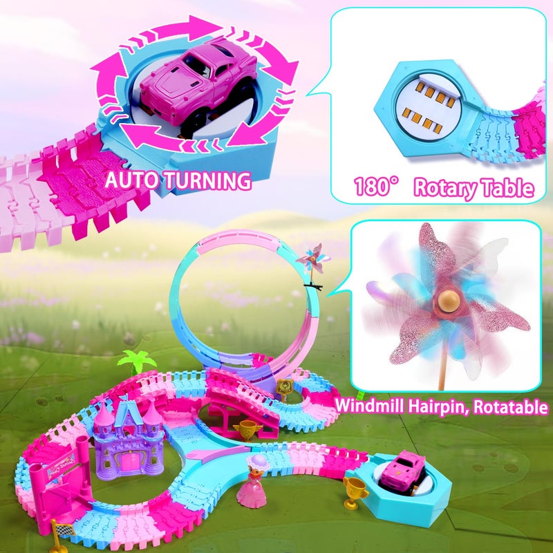 Yomwet 178 PCS Track Toy, Pink Racing Tracks Toys for 3 4 5 6 Year Old Girls, Flexible Tracks Car Magic Bendable Race Track Princess Toys with Light & Music for Toddlers, Kids and Girl Xmas Birthdays Gifts - Image 3