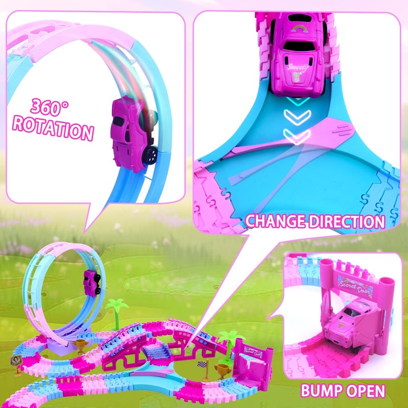 Yomwet 178 PCS Track Toy, Pink Racing Tracks Toys for 3 4 5 6 Year Old Girls, Flexible Tracks Car Magic Bendable Race Track Princess Toys with Light & Music for Toddlers, Kids and Girl Xmas Birthdays Gifts - Image 4