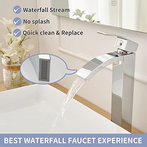 Green Spring Greenspring Chrome Vessel Sink Faucet, Waterfall Bathroom Faucets, Tall Spout Single Handle Single Hole Bathroom Faucets with Pop Up Drain and Without Overflow Basin Faucet Supply Line - Image 3