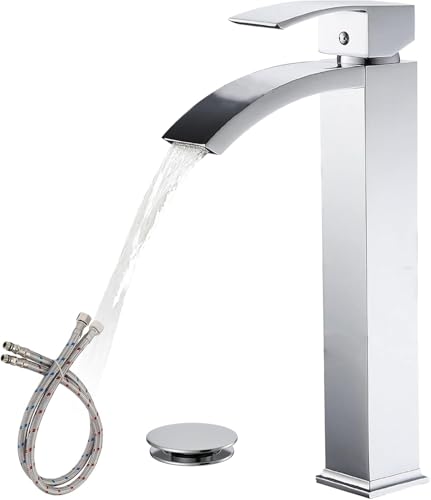 Green Spring Greenspring Chrome Vessel Sink Faucet, Waterfall Bathroom Faucets, Tall Spout Single Handle Single Hole Bathroom Faucets with Pop Up Drain and Without Overflow Basin Faucet Supply Line - Image 1