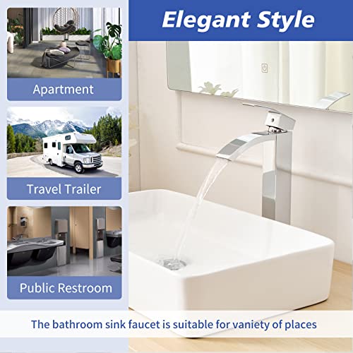 Green Spring Greenspring Chrome Vessel Sink Faucet, Waterfall Bathroom Faucets, Tall Spout Single Handle Single Hole Bathroom Faucets with Pop Up Drain and Without Overflow Basin Faucet Supply Line - Image 5