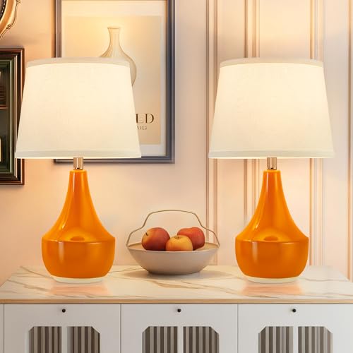 GyroVu 18" Table Lamp Set of 2, Ceramic Lamp Classic Beside Lamps Nightstand Lamp Modern Table Lamp for Living Room, Bedroom & Office Rocker Switch Orange-LED Bulbs Included - Image 1