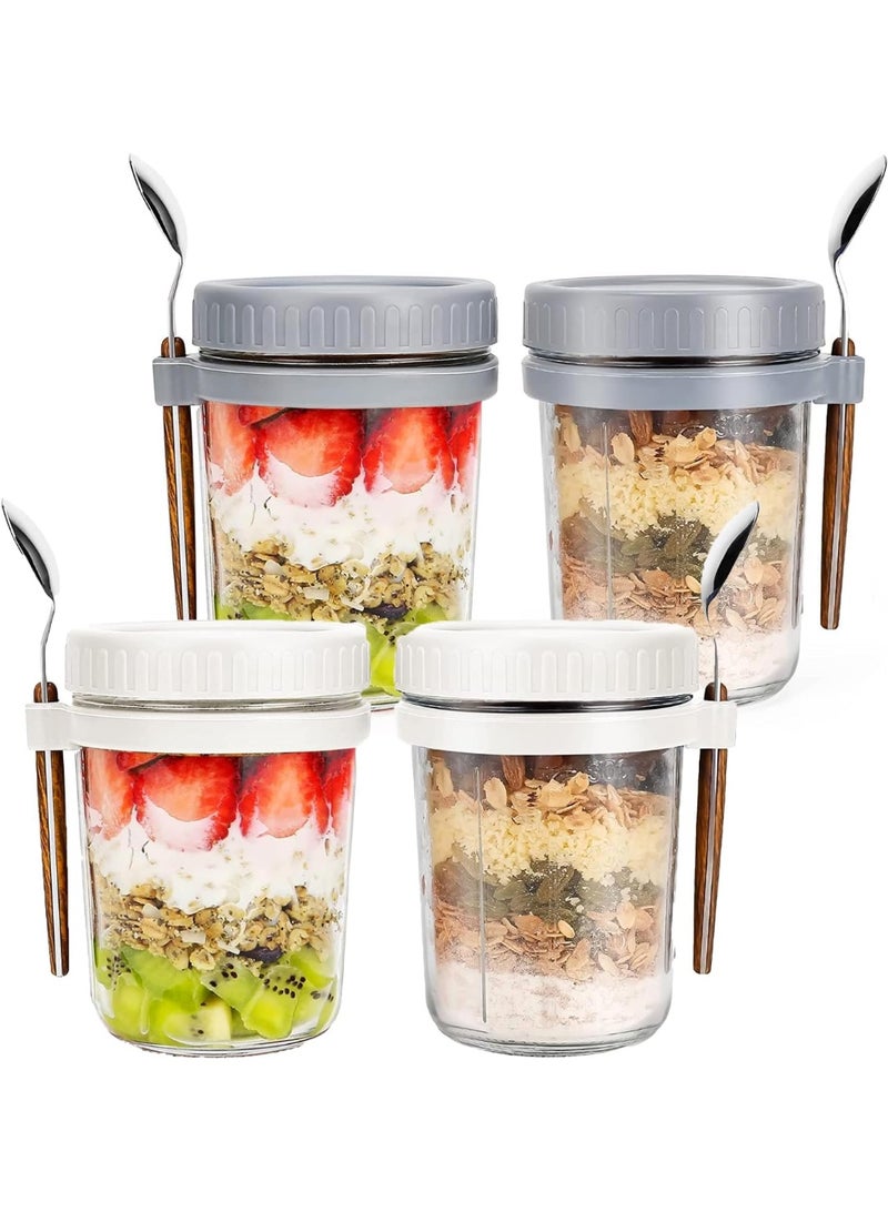 يوڠام 4 علب زجاجية مع غطاء وملعقة لحفظ الشوفان الليلي علب بسعة 350 مل 10 أونصات لتخزين الحبوب الحليب الخضروات والسلطات مع علامات قياس - Image 1