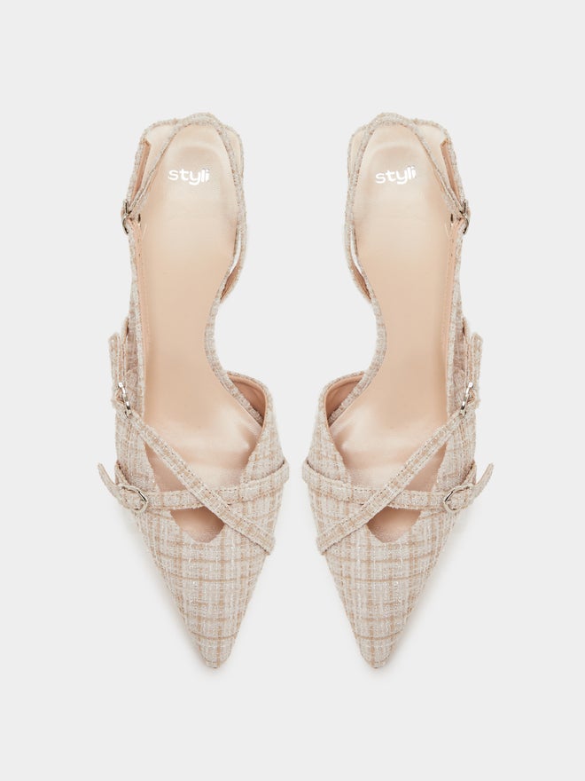 Styli Tweed Slingback Kitten Heels Pumps - Image 5