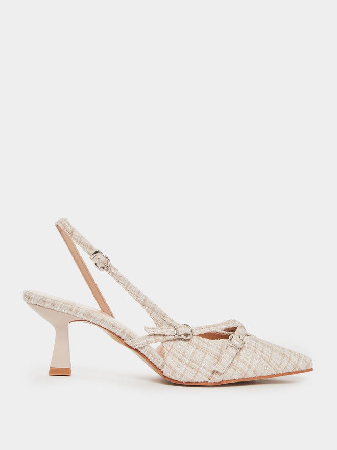 Styli Tweed Slingback Kitten Heels Pumps - Image 1