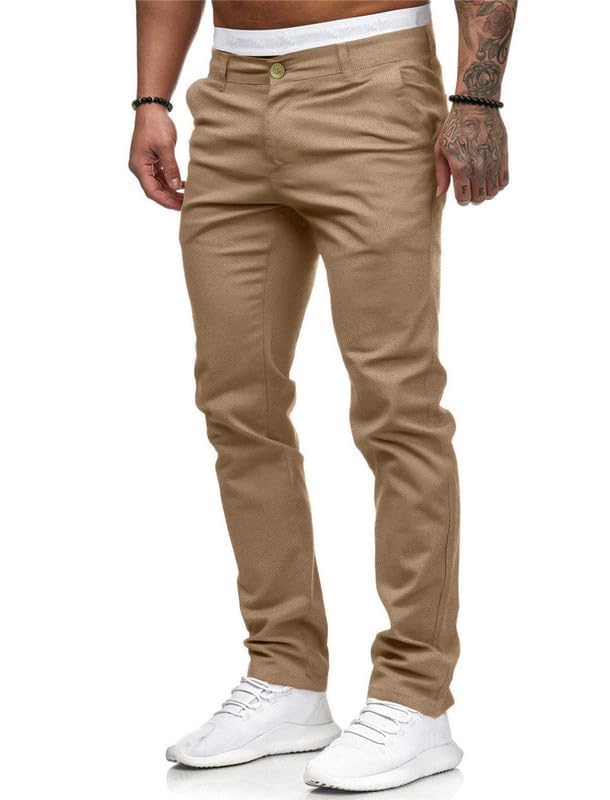 HUNGSON Men Skinny Slim Fit Casual Jeans Dyeing Stretch Straight Fashion Denim Pants(Khaki,34) - Image 3