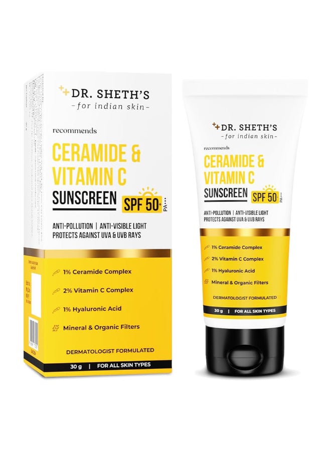Dr. Sheth's Ceramide And Vitamin C Sunscreen SPF 50+ PA+++|One-step Routine For Healthy And Bright Skin|Non-Sticky|No White Cast INon-Greasy, Quick-Absorbing|For Women And Men|UVA UVB Sun Protection|30g - Image 1