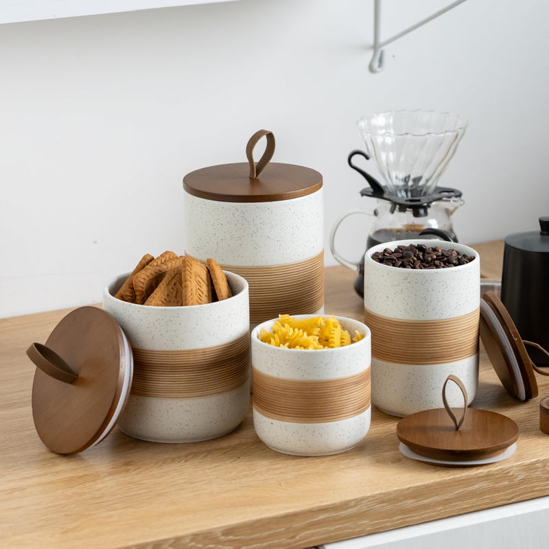 Miamolo Large Storage Containers with Lids, Ceramic Coffee Container Kitchen Food Storage Jars for Spice Sugar Tea Bag, Stackable Decorative Jars for Counter, White & 61 fl.oz - Image 5