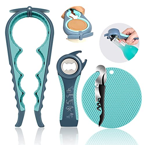 HUMANFUN Jar Opener for Weak Hands, Seniors with Arthritis, 5 in 1 Multi Function Bottle Opener Lid Opener For Arthritic Hands with Non Slip Rubber Jar opener Gripper Pad and Corkscrew Wine Opener(BLUE) - Image 1