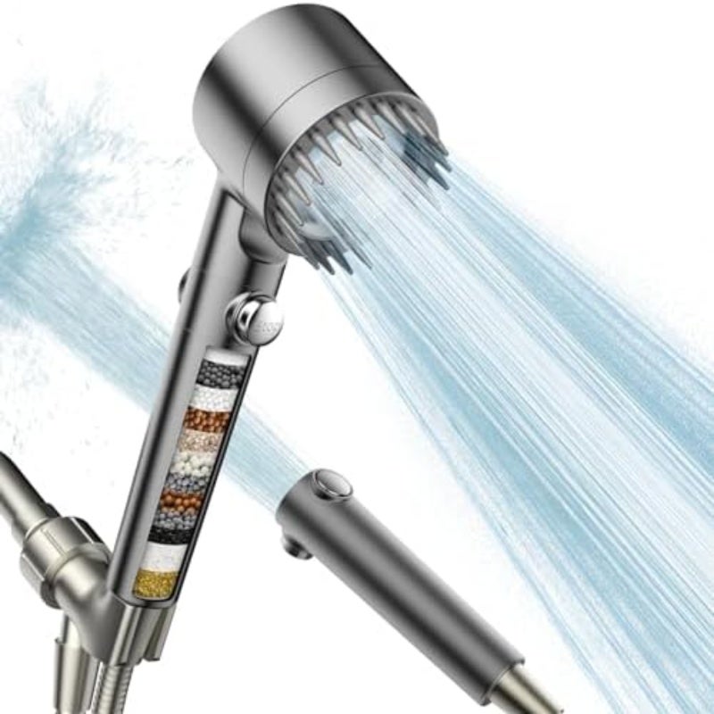 Filtered Handheld Shower Head: Grey ABS Chrome Finish - 18-Layer Hard Water Filter 4 Spray Modes ON/OFF Switch High Pressure Water-Saving for Home Bathroom Pet Bath Deep Cleaning - Image 1