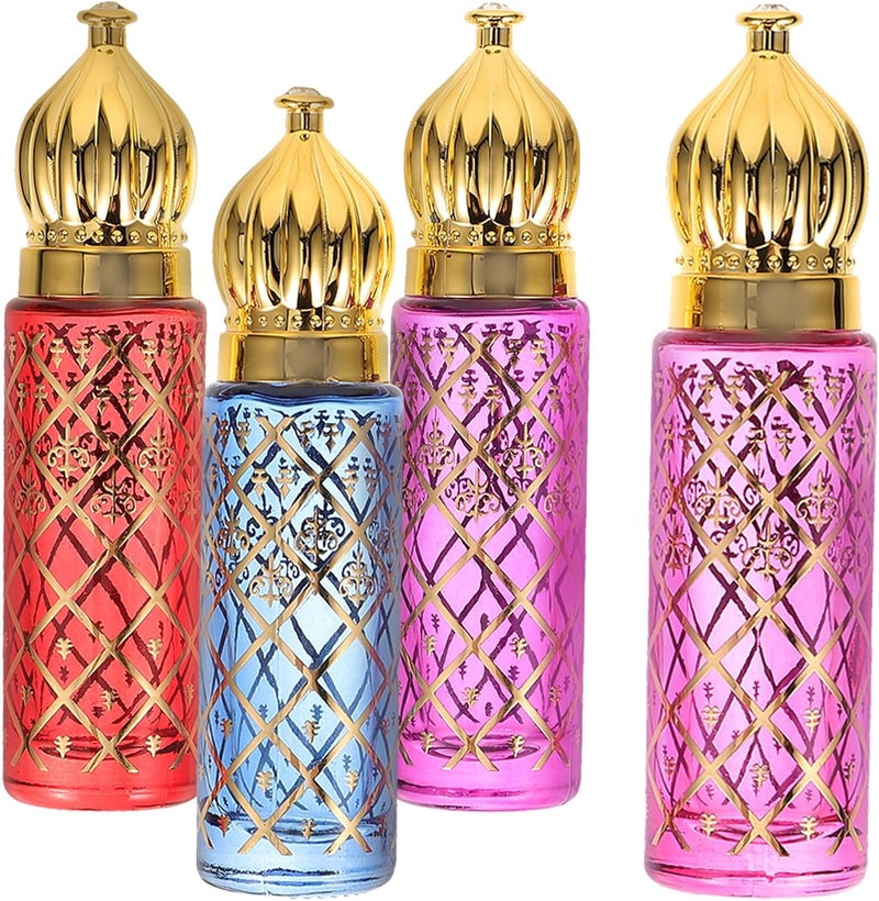 4 قطع من زجاجات الزجاج المتداول للزيوت الأساسية سعة 6 مل، زجاجات عطر صغيرة قابلة لإعادة التعبئة للسفر مع زجاج ملون مطلي بالكهرباء للزينة (أزرق، أحمر، وردي، بنفسجي) - Image 1