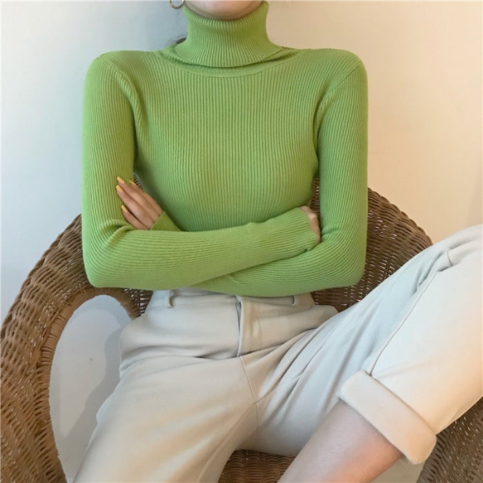 Early Autumn New Black High Neck Knitted Base Shirt Winter Womens Sweater Slim-fit All-match Outer Wear Clothes Green