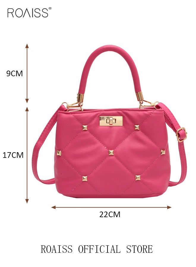 roaiss ROAISS Fashionable Quilted Crossbody Bag Womens Metallic Studded Decor Handbag Twist Lock Satchel Bag Solid Color Sweet Soft Small Tote Bag Messenger Bag Rose Red  - Image 5