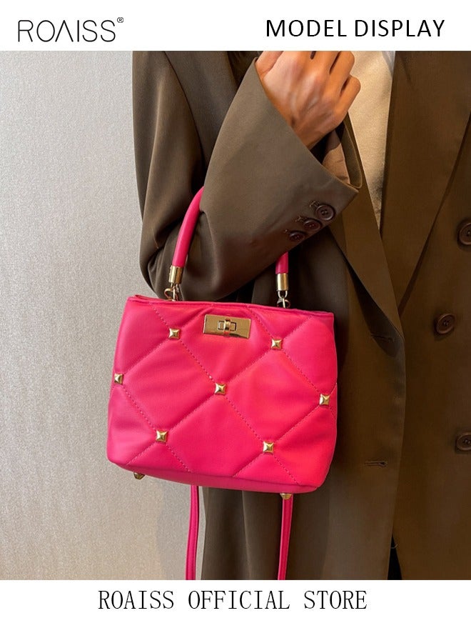 roaiss ROAISS Fashionable Quilted Crossbody Bag Womens Metallic Studded Decor Handbag Twist Lock Satchel Bag Solid Color Sweet Soft Small Tote Bag Messenger Bag Rose Red  - Image 2
