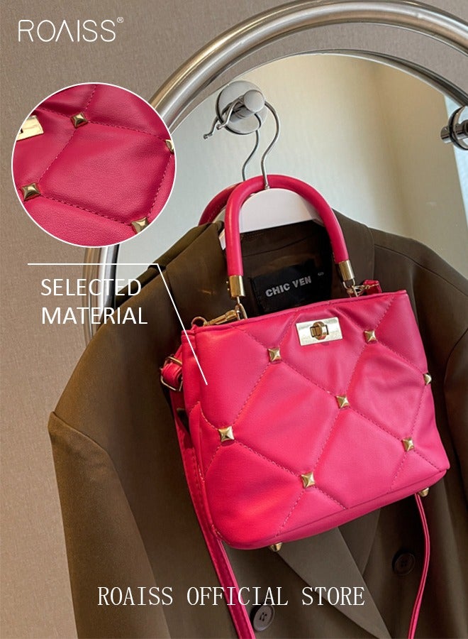 roaiss ROAISS Fashionable Quilted Crossbody Bag Womens Metallic Studded Decor Handbag Twist Lock Satchel Bag Solid Color Sweet Soft Small Tote Bag Messenger Bag Rose Red  - Image 4