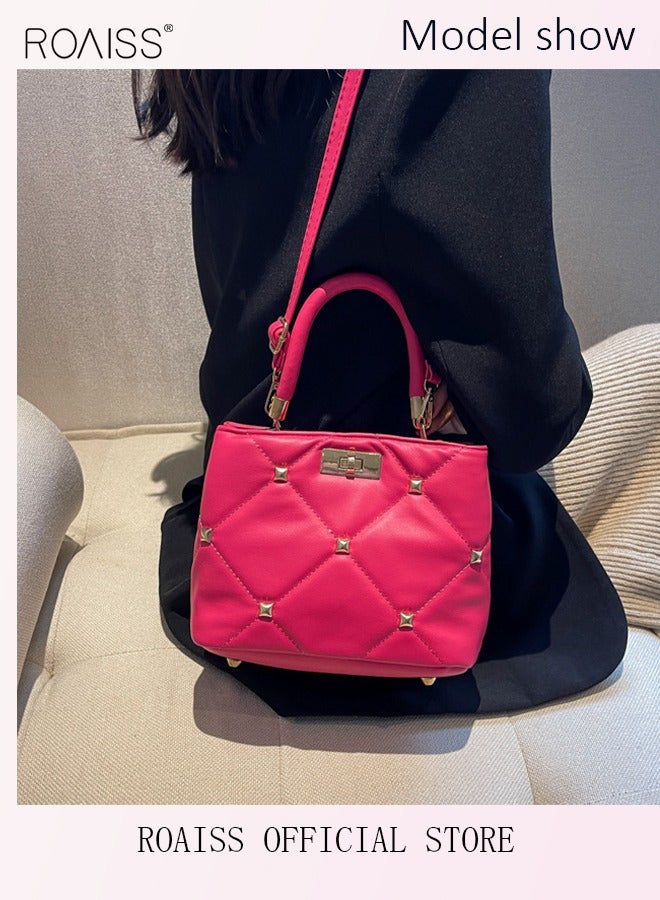 roaiss ROAISS Fashionable Quilted Crossbody Bag Womens Metallic Studded Decor Handbag Twist Lock Satchel Bag Solid Color Sweet Soft Small Tote Bag Messenger Bag Rose Red  - Image 3