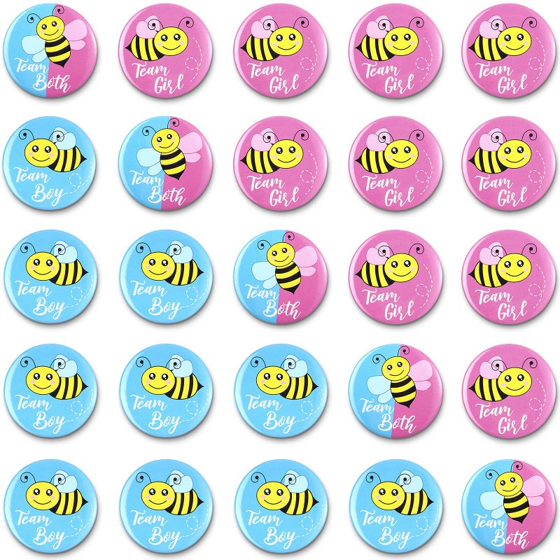 Dilunave 50 Pieces Bee Gender Reveal Button Pins Team Boy, Girl or Both Buttons Pins Badges Kit in Pink and Blue for Bee Theme Baby Shower Gender Reveal Party Game Supplies - Image 1