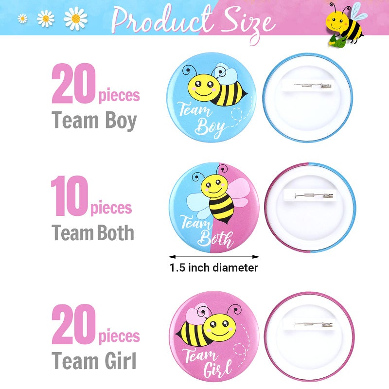 Dilunave 50 Pieces Bee Gender Reveal Button Pins Team Boy, Girl or Both Buttons Pins Badges Kit in Pink and Blue for Bee Theme Baby Shower Gender Reveal Party Game Supplies - Image 2