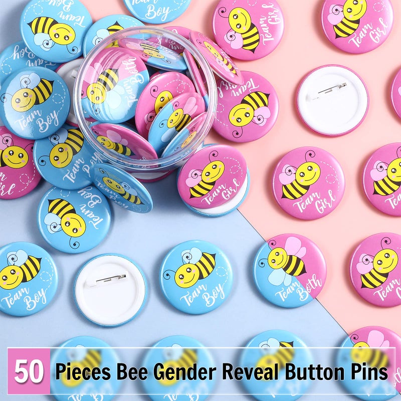 Dilunave 50 Pieces Bee Gender Reveal Button Pins Team Boy, Girl or Both Buttons Pins Badges Kit in Pink and Blue for Bee Theme Baby Shower Gender Reveal Party Game Supplies - Image 3