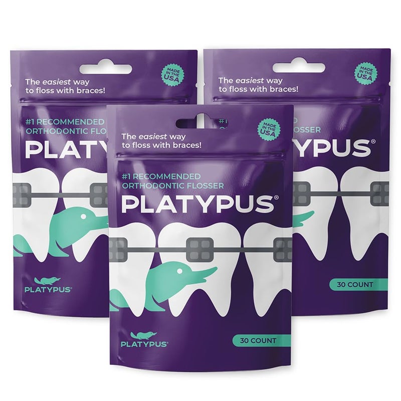 Platypus خيوط تنظيف الأسنان من بلاتيبوس للأقواس، 30 قطعة (عبوة من 3)، أدوات تنظيف للأشخاص البالغين والأطفال، تناسب تحت سلك القوس، غير ضارة، تشجع على عادات تنظيف الأسنان - Image 1