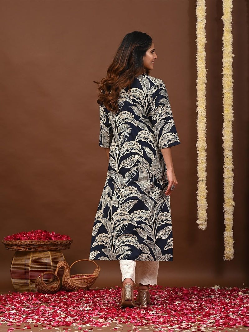 LAVANDIS Cotton Straight Kurta for Womens Pritned Calf Length Girls Kurti Casual Wear Dress Navy Blue - Image 4