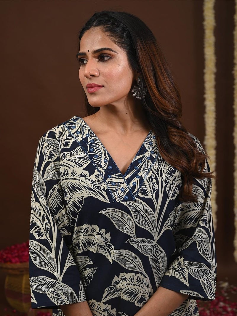 LAVANDIS Cotton Straight Kurta for Womens Pritned Calf Length Girls Kurti Casual Wear Dress Navy Blue - Image 5