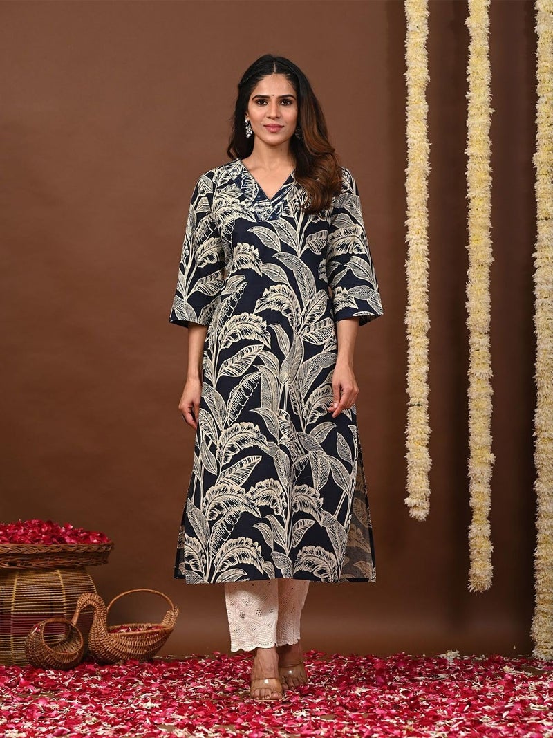 LAVANDIS Cotton Straight Kurta for Womens Pritned Calf Length Girls Kurti Casual Wear Dress Navy Blue - Image 2