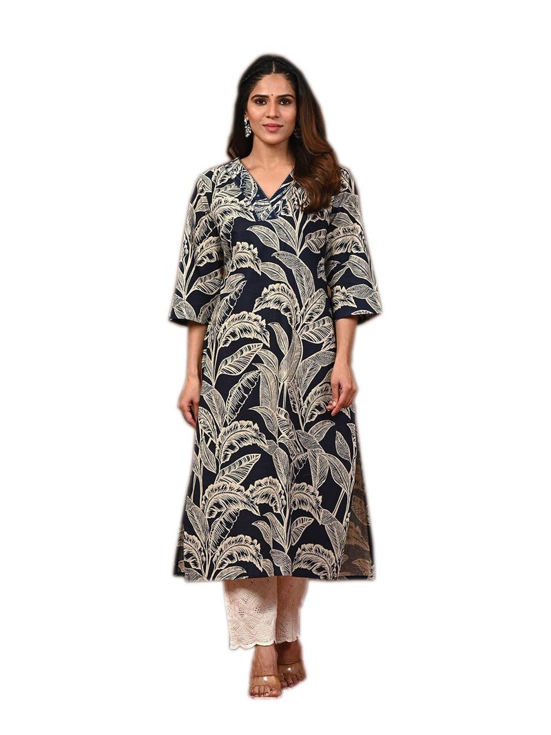 LAVANDIS Cotton Straight Kurta for Womens Pritned Calf Length Girls Kurti Casual Wear Dress Navy Blue - Image 1