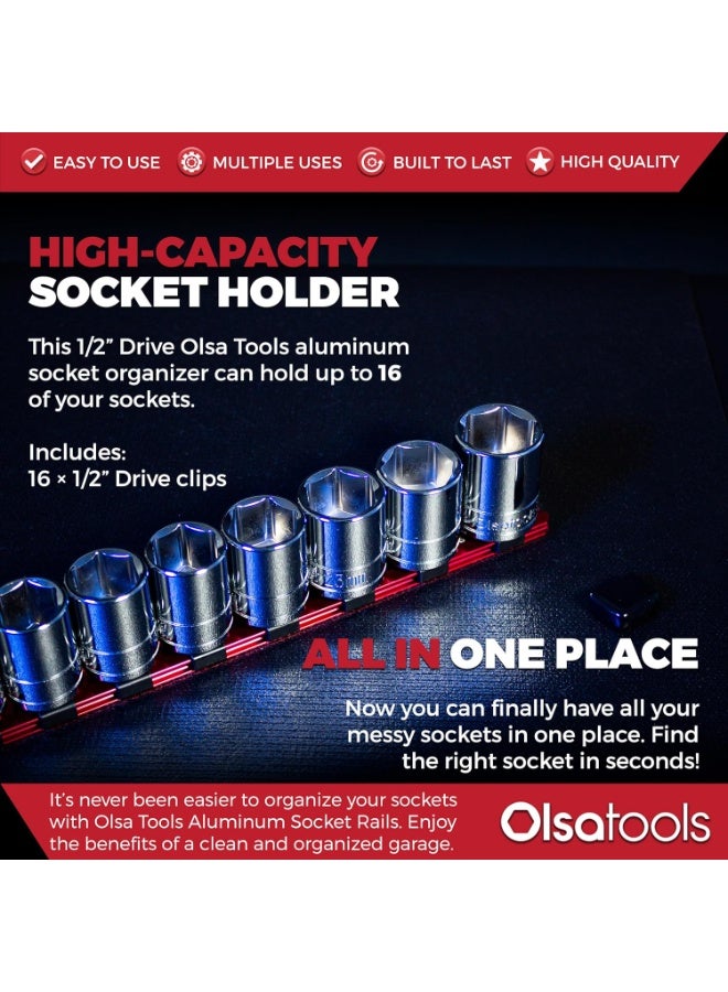 Olsa Tools Socket Organizer - 1/2-Inch Drive Socket Holder Rail - Red Aluminum Rail Stores 16 Impact or Chrome Sockets - Professional Grade Metric or SAE Socket Organizer - Part: 1012 - Image 5