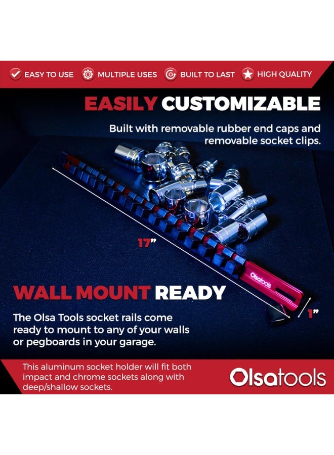 Olsa Tools Socket Organizer - 1/2-Inch Drive Socket Holder Rail - Red Aluminum Rail Stores 16 Impact or Chrome Sockets - Professional Grade Metric or SAE Socket Organizer - Part: 1012 - Image 2