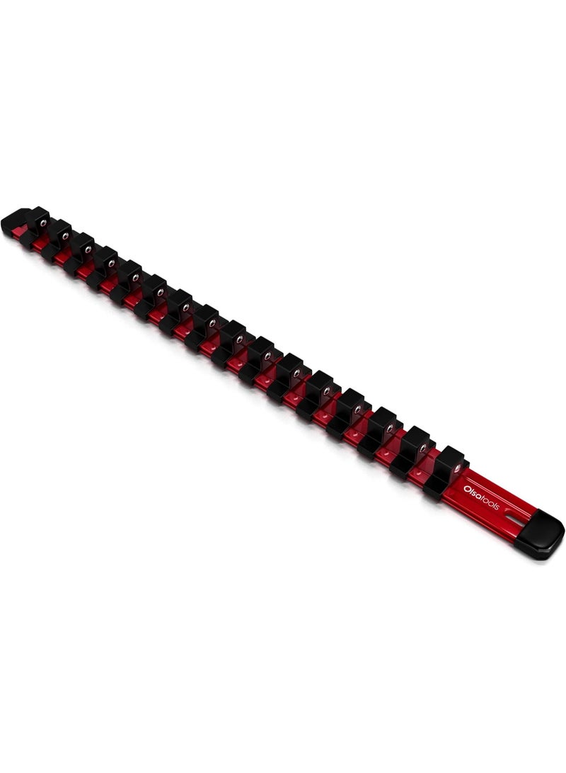 Olsa Tools Socket Organizer - 1/2-Inch Drive Socket Holder Rail - Red Aluminum Rail Stores 16 Impact or Chrome Sockets - Professional Grade Metric or SAE Socket Organizer - Part: 1012 - Image 1