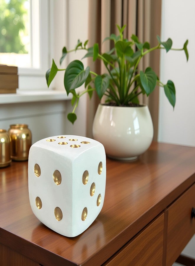 Dwelloria White Dice Sculpture Decor, Modern Decorative Dice Figurine with Gold Dots, 4.9 Inch Resin Minimalist Art Statue for Home Decor, Shelf, Office & Living Room - Image 2