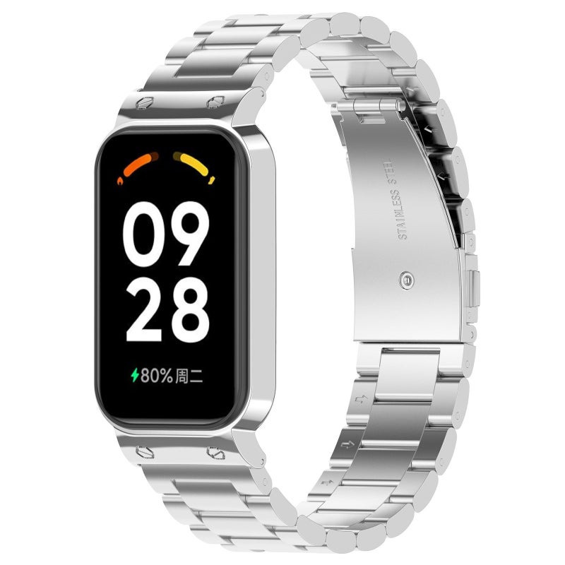 erorex For Xiaomi Smart Band 8 Active Three Bead Stainless Steel Watch Band + Watch Metal Frame(Silver) - Image 1