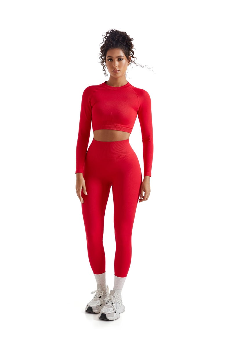 SUUKSESS Women 2 Piece Workout Sets Hidden Scrunch Hip Lift Leggings Long Sleeve Yoga Crop Top High Waisted Seamless Yoga Pants Tracksuits (Red, L) - Image 2