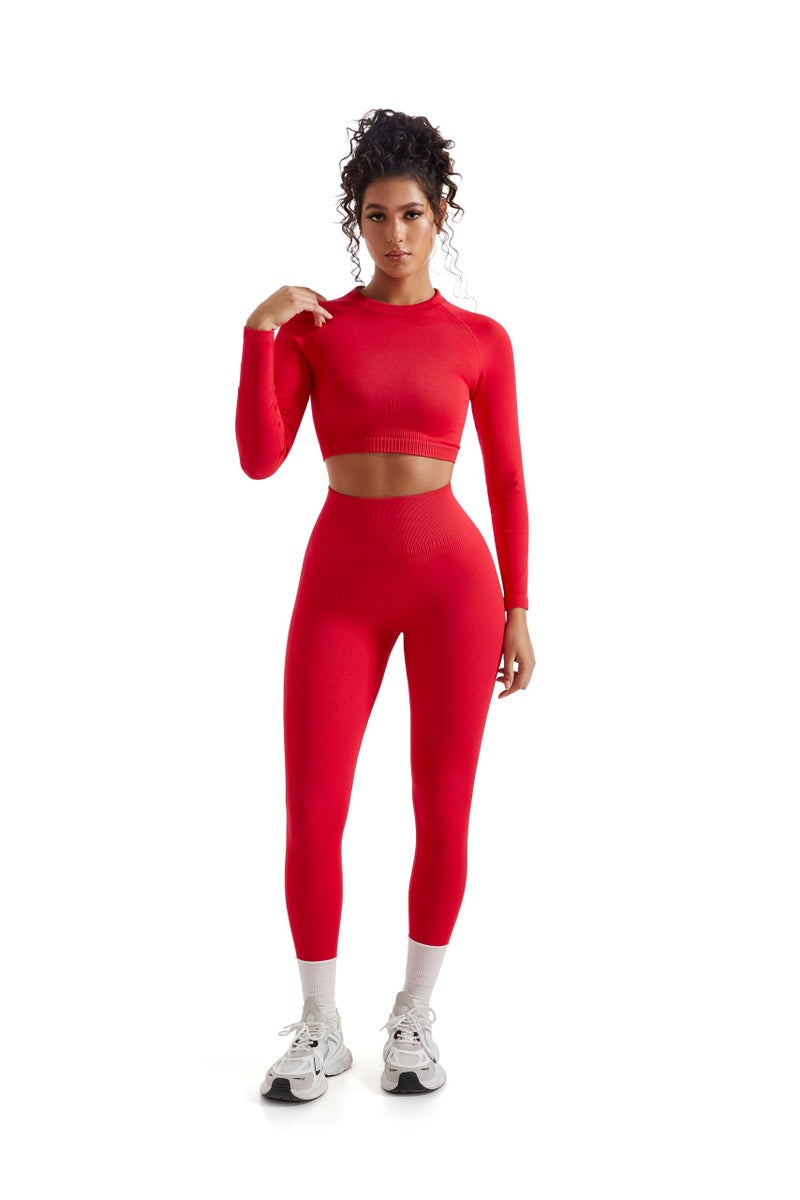 SUUKSESS Women 2 Piece Workout Sets Hidden Scrunch Hip Lift Leggings Long Sleeve Yoga Crop Top High Waisted Seamless Yoga Pants Tracksuits (Red, L) - Image 5