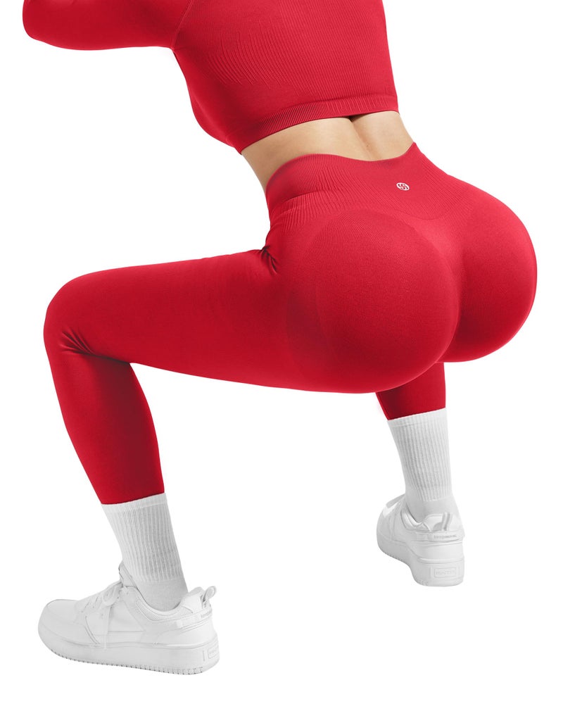 SUUKSESS Women 2 Piece Workout Sets Hidden Scrunch Hip Lift Leggings Long Sleeve Yoga Crop Top High Waisted Seamless Yoga Pants Tracksuits (Red, L) - Image 3