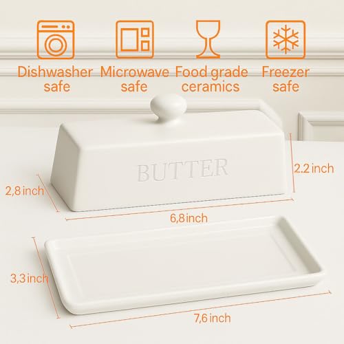 WERTIOO Butter Dish with Lid,WERTIOO Butter Dish With Lid for Countertop,7.6" x 3.3" Butter Tray,Butter Holder for 1 Stick.Textured Tray Butter Keeper for Non Slip Storage,Ceramic - White - Image 2