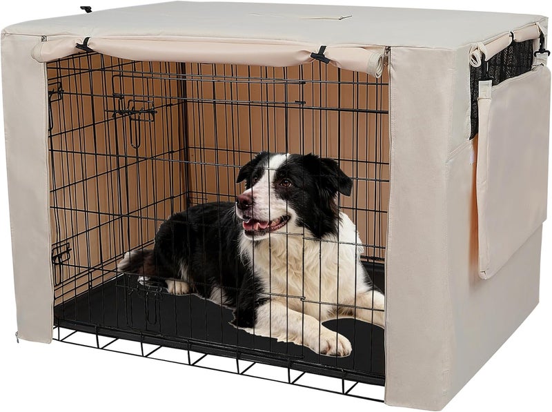 Deblue 36 Inches Dog Crate Cover with Storage Bag, Polyester Heavy-Duty Pet Kennel Cover Universal Fit for Double Doors Standard Metal Wire Crate (Beige-with Bag) - Image 1
