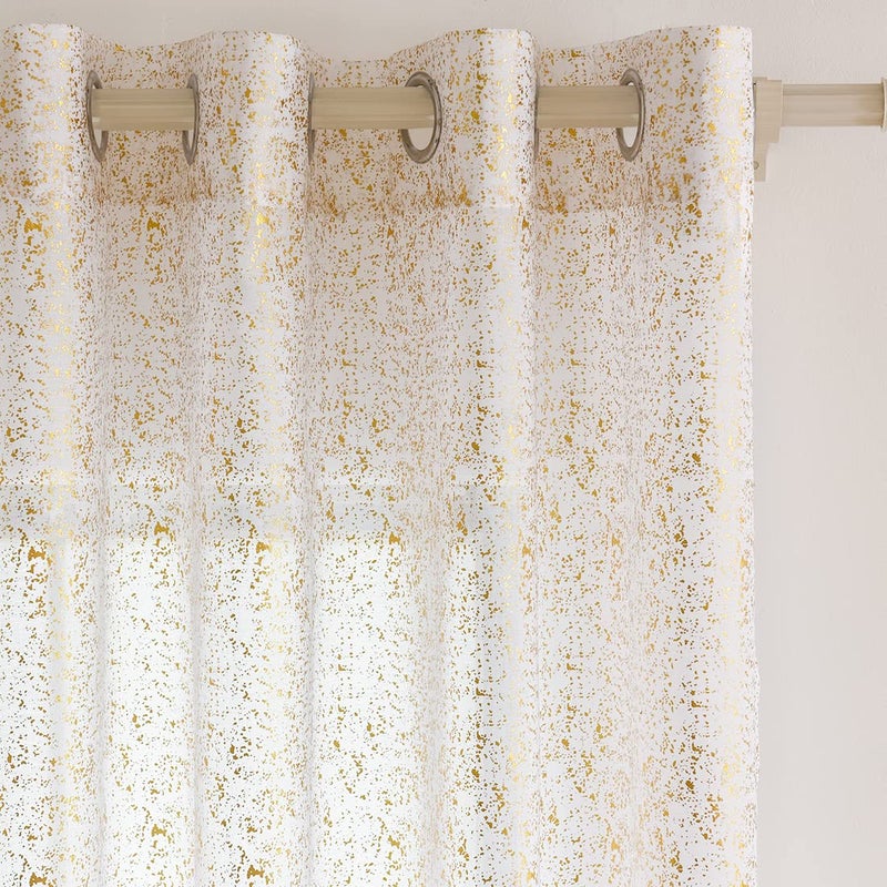TERLYTEX TERLYTEX Gold White Sheer Curtains 95 Inches Long  Metallic Gold Foil Spots Printed Sheer Shimmer Curtains for Living Room  Privacy Grommet Sparkle Curtains 2 Panels Set  52 x 95 Inch  Gold White - Image 1