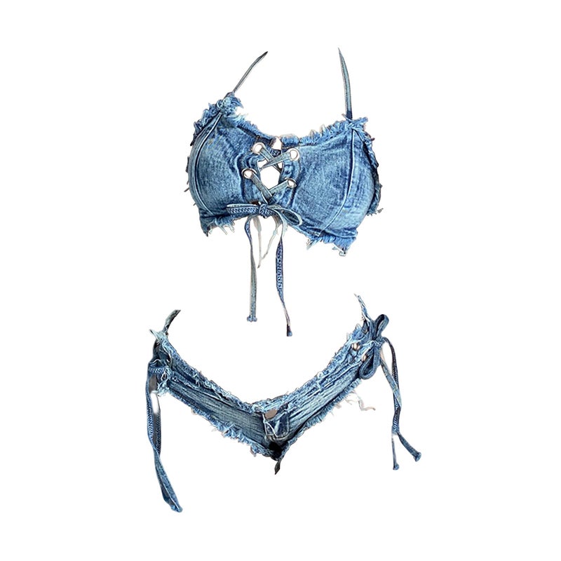 SINMIUANIME Women's Denim Bikini Set Bra Panties Cosplay Lingerie Jeans Shorts for Beach Play and Bar Nightclub Performance (8025Denim, Small) - Image 1