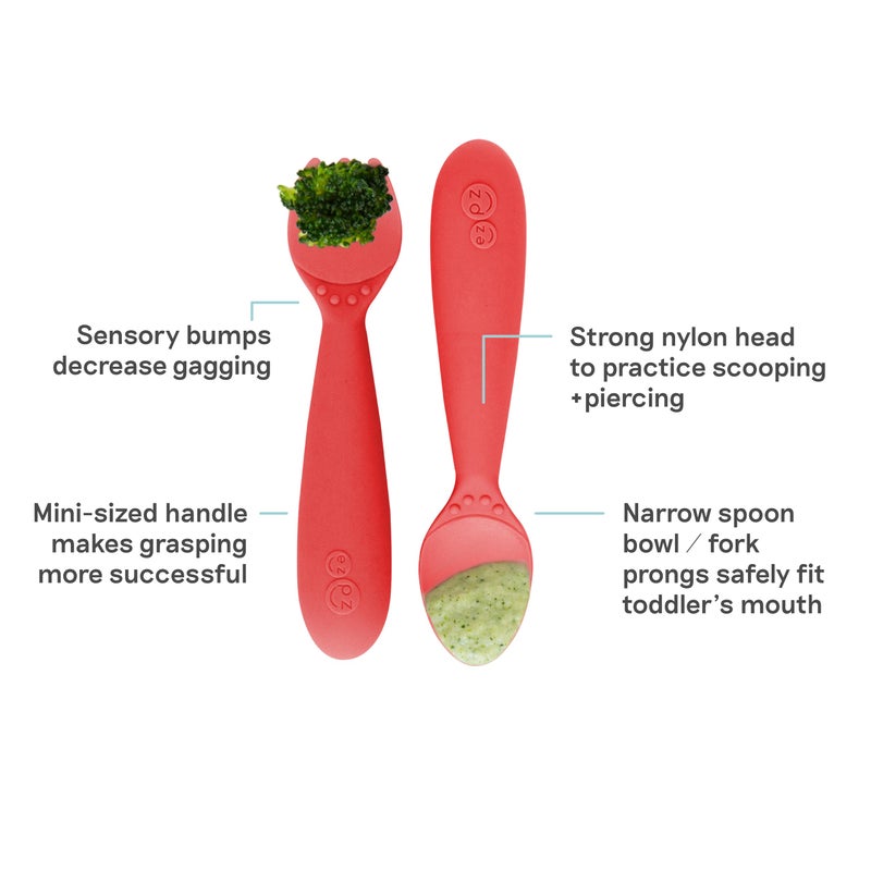ezpz Mini Utensils - 12 Months+ (Fork & Spoon in Coral) - 100% BPA Free Fork and Spoon - Toddler Utensils - Designed by a Pediatric Feeding Specialist - Image 2