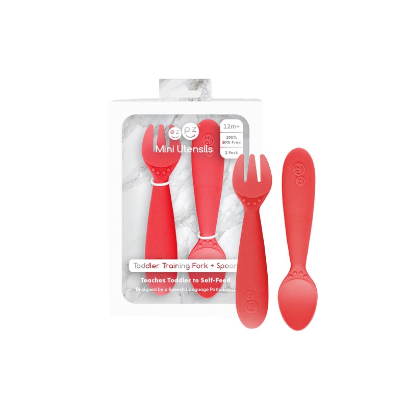 ezpz Mini Utensils - 12 Months+ (Fork & Spoon in Coral) - 100% BPA Free Fork and Spoon - Toddler Utensils - Designed by a Pediatric Feeding Specialist - Image 1