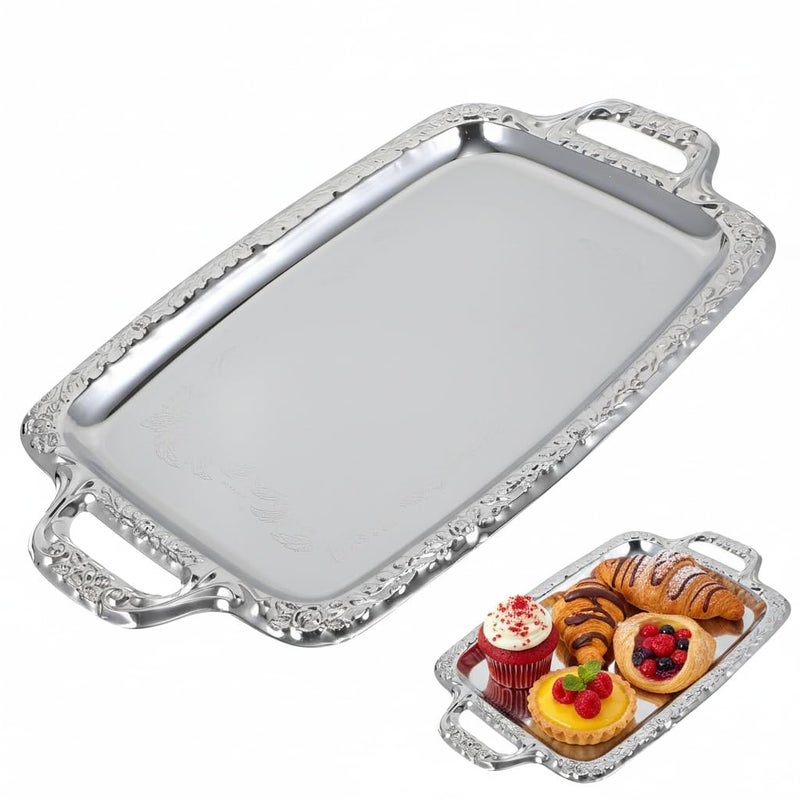 Veemoon Rectangular Silver Serving Tray - Vintage Metal Tray for Whiskey - Dining Tableware and Decorative Platter Perfect for Entertaining and Home Decor - Image 1